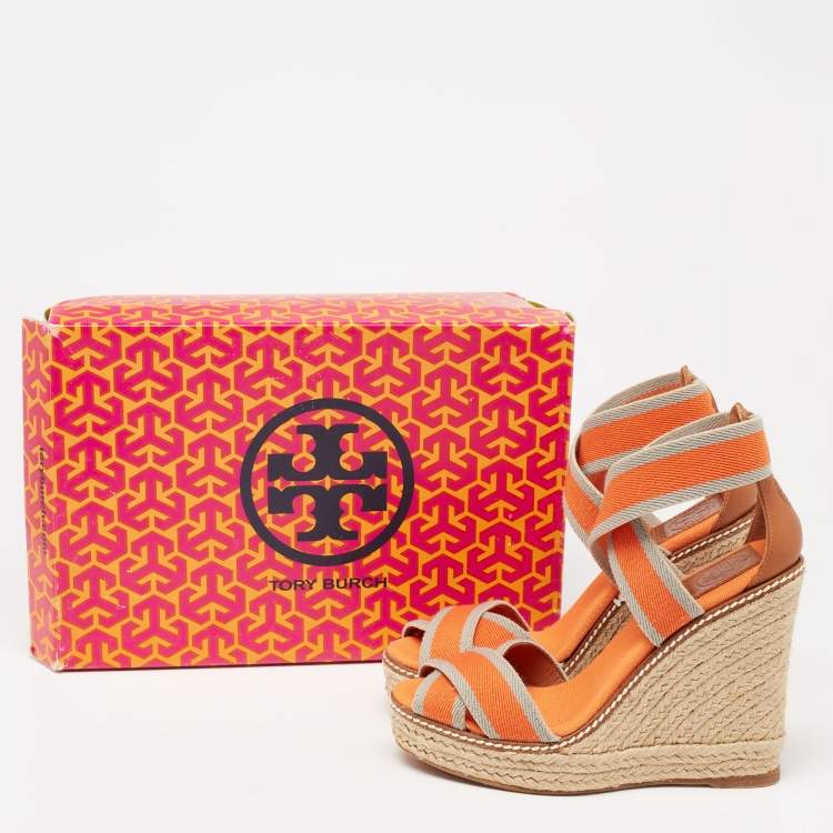 Pre Owned Tory Burch Tri-Color Fabric Adonis Espadrille Wedge Sandals Size 35.5