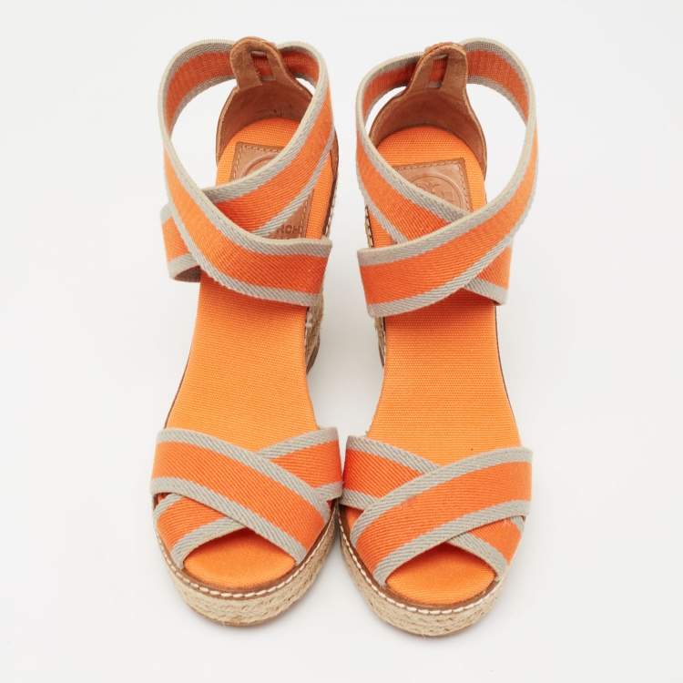 Pre Owned Tory Burch Tri-Color Fabric Adonis Espadrille Wedge Sandals Size 35.5