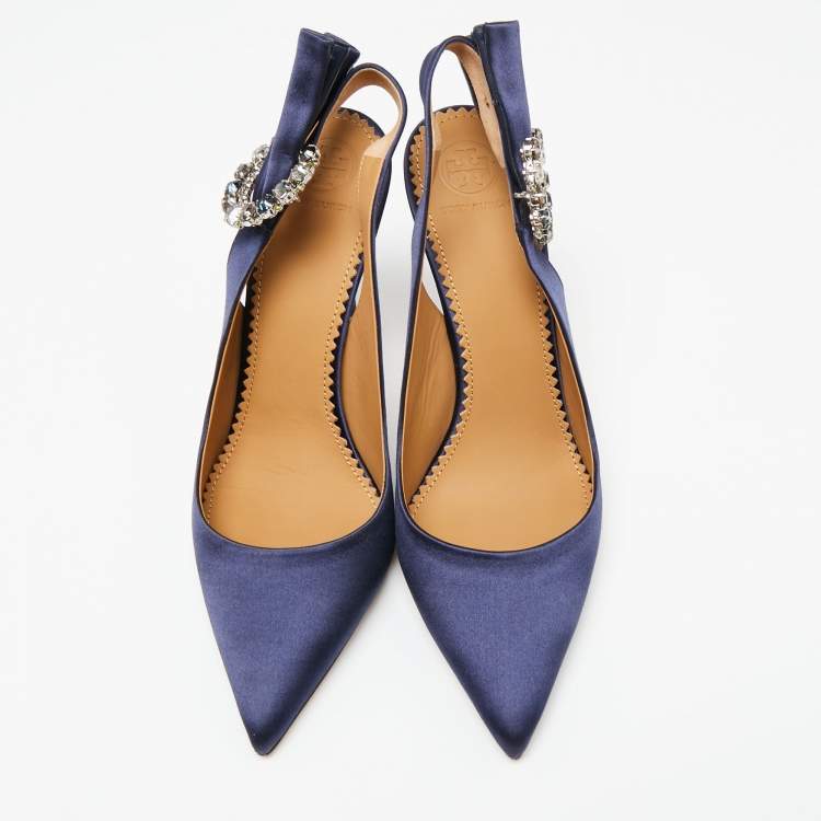 Pre Owned Tory Burch Navy Blue Satin Penelope Slingback Sandals Size 38.5