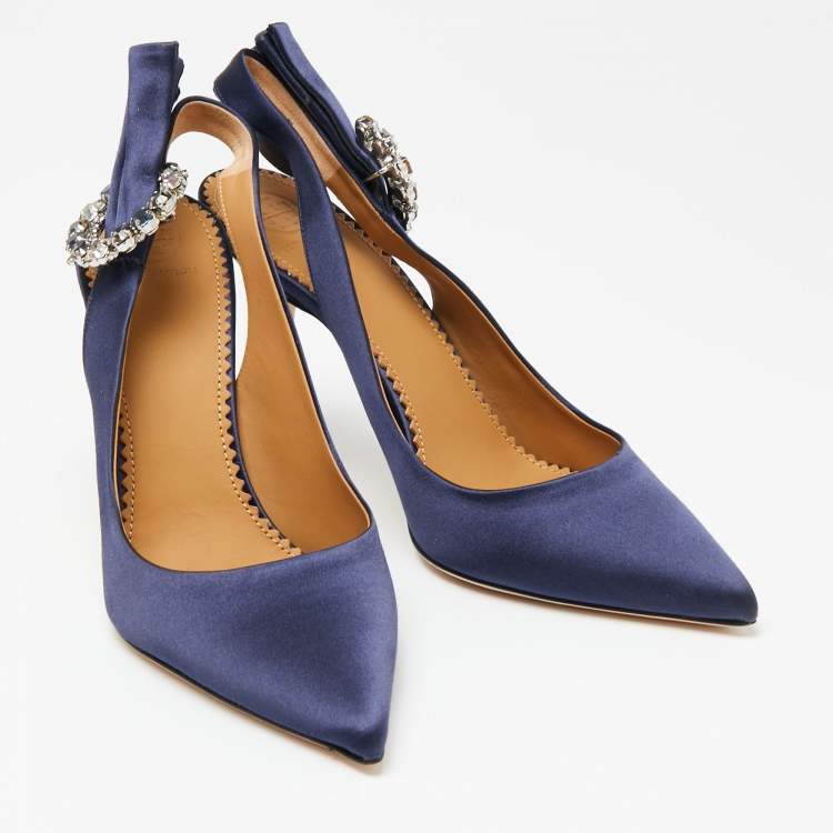 Pre Owned Tory Burch Navy Blue Satin Penelope Slingback Sandals Size 38.5