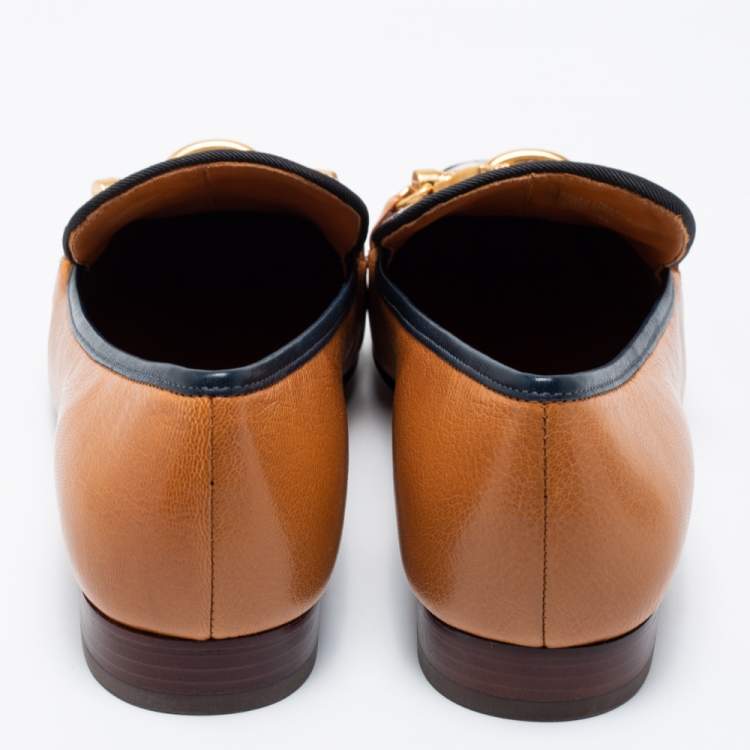 Pre Owned Tory Burch Tan/Beige Leather and Knit Fabric Jessa Loafers Size 39.5