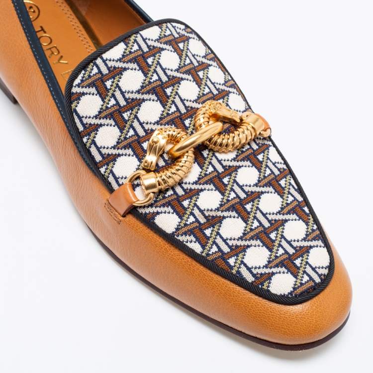 Pre Owned Tory Burch Tan/Beige Leather and Knit Fabric Jessa Loafers Size 39.5
