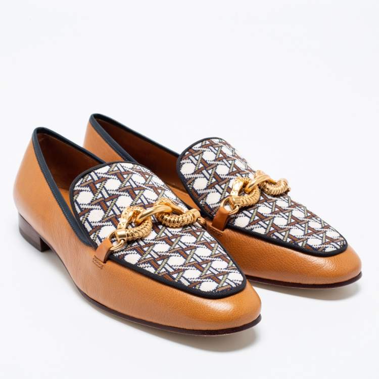 Pre Owned Tory Burch Tan/Beige Leather and Knit Fabric Jessa Loafers Size 39.5
