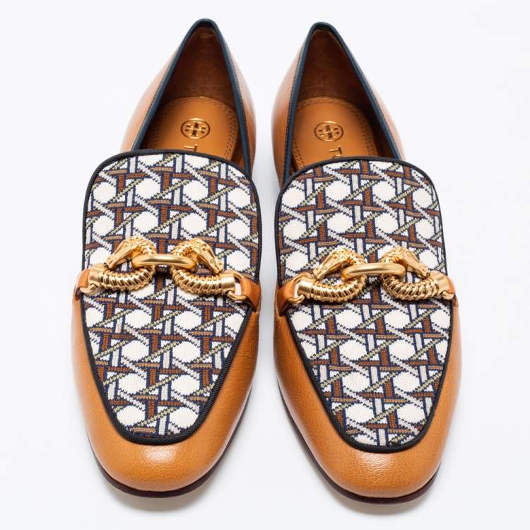 Pre Owned Tory Burch Tan/Beige Leather and Knit Fabric Jessa Loafers Size 39.5