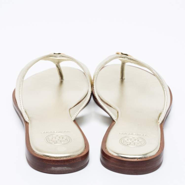 Pre Owned Tory Burch Metallic Gold  Leather Benton Thong Flat Sandals Size 38