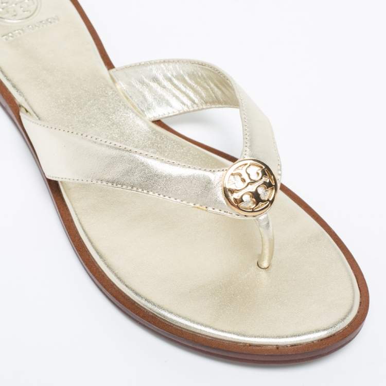 Pre Owned Tory Burch Metallic Gold  Leather Benton Thong Flat Sandals Size 38