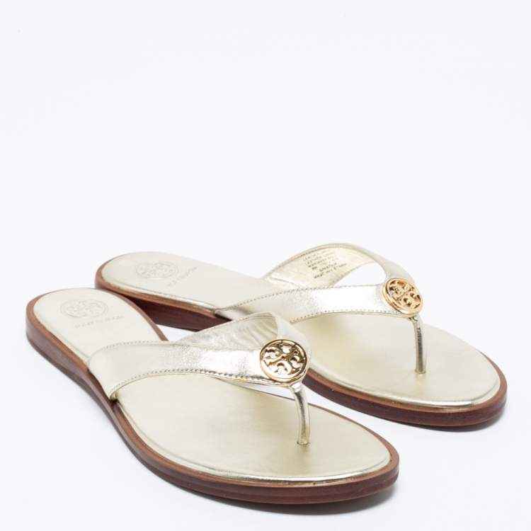 Pre Owned Tory Burch Metallic Gold  Leather Benton Thong Flat Sandals Size 38