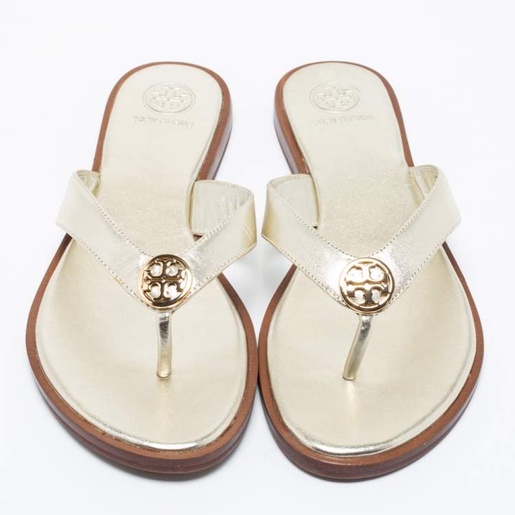 Pre Owned Tory Burch Metallic Gold  Leather Benton Thong Flat Sandals Size 38