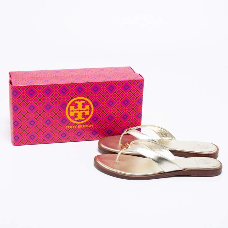 Pre Owned Tory Burch Metallic Gold  Leather Benton Thong Flat Sandals Size 38