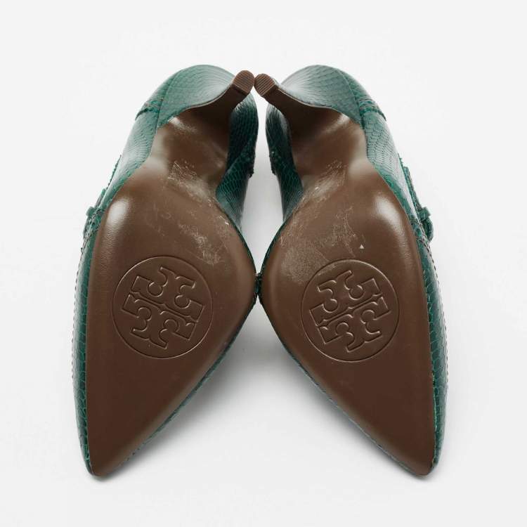 Pre Owned Tory Burch Green Brogue Python Embossed Leather Everly Pumps Size 38.5