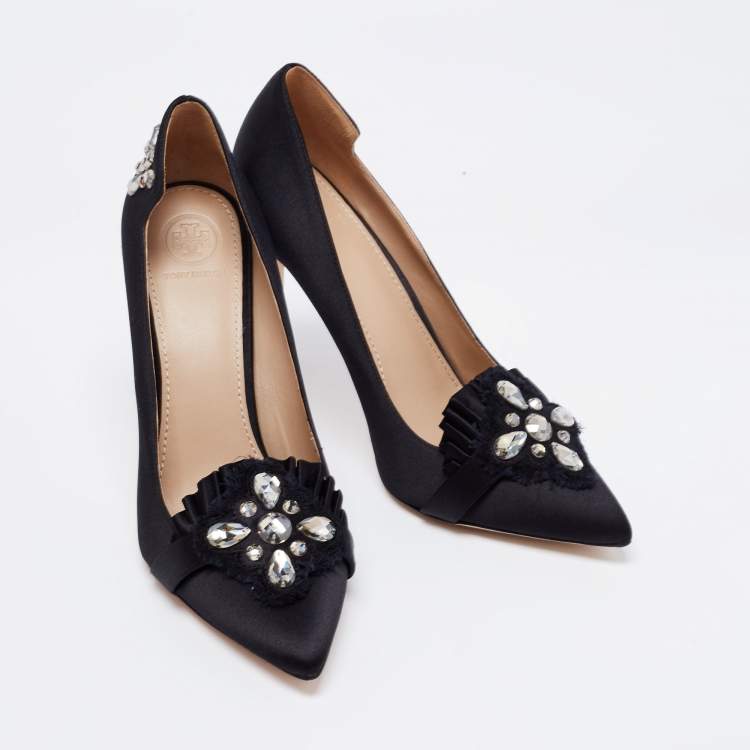 Pre Owned Tory Burch Black Satin Pleated Detail Crystal Embellished Pumps Size 38.5