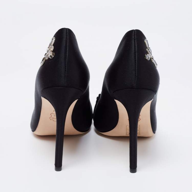 Pre Owned Tory Burch Black Satin Pleated Detail Crystal Embellished Pumps Size 38.5