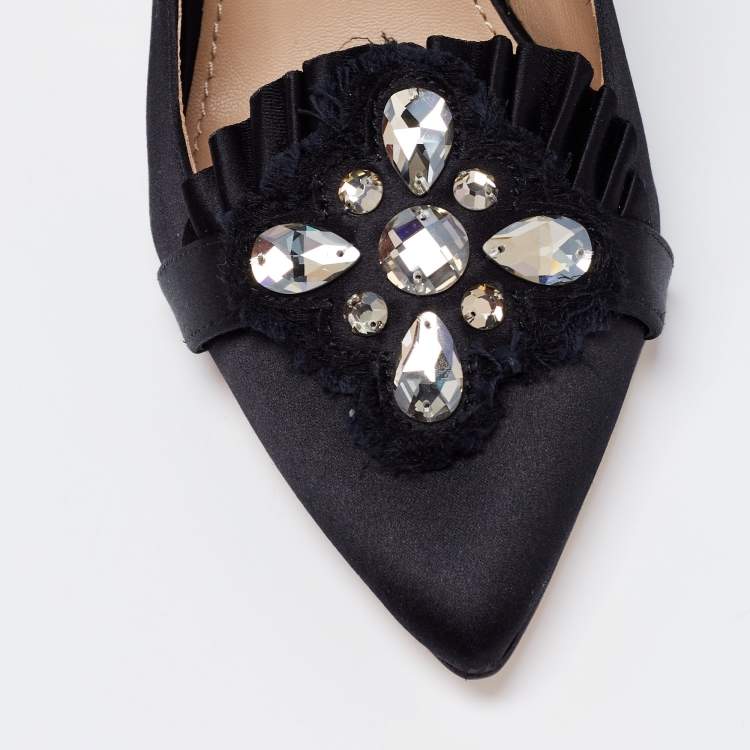 Pre Owned Tory Burch Black Satin Pleated Detail Crystal Embellished Pumps Size 38.5