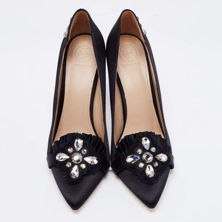 Pre Owned Tory Burch Black Satin Pleated Detail Crystal Embellished Pumps Size 38.5
