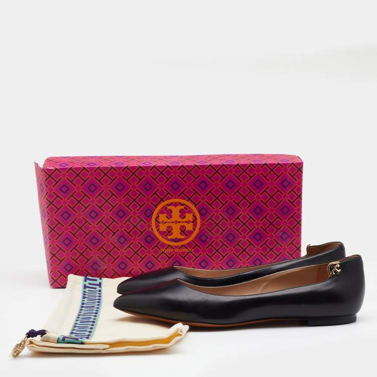 Pre Owned Tory Burch Black Leather Elizabeth Pointed Toe Ballet Flats Size 36.5