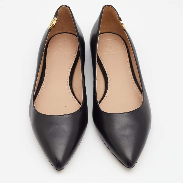 Pre Owned Tory Burch Black Leather Elizabeth Pointed Toe Ballet Flats Size 36.5