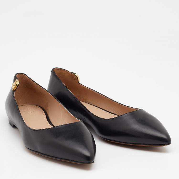 Pre Owned Tory Burch Black Leather Elizabeth Pointed Toe Ballet Flats Size 36.5
