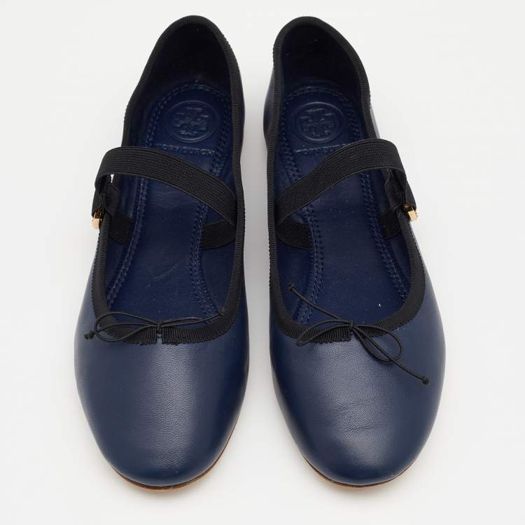 Pre Owned Tory Burch Navy Blue/Black Leather Mary Jane Ballet Flats Size 36.5