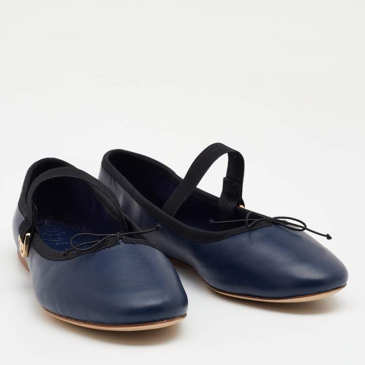 Pre Owned Tory Burch Navy Blue/Black Leather Mary Jane Ballet Flats Size 36.5