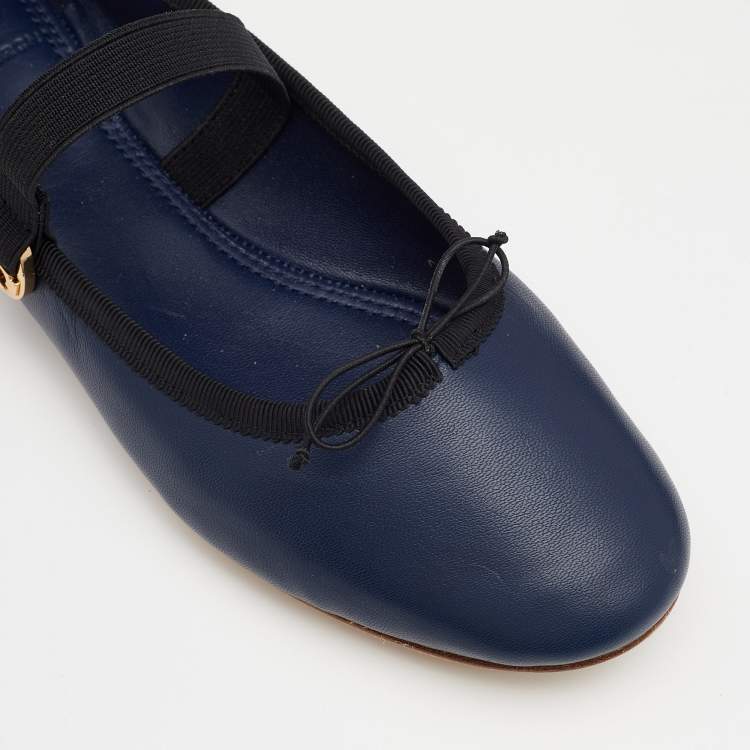Pre Owned Tory Burch Navy Blue/Black Leather Mary Jane Ballet Flats Size 36.5