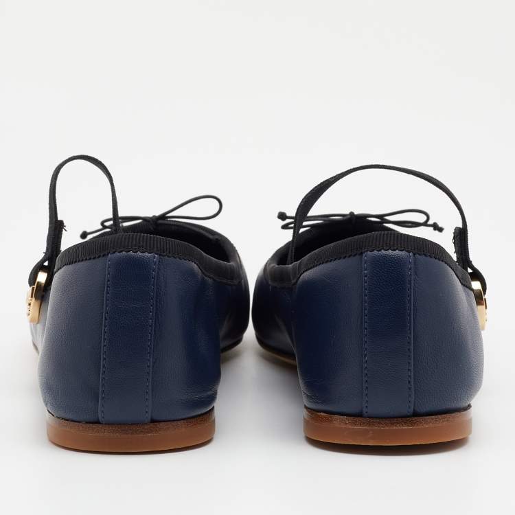 Pre Owned Tory Burch Navy Blue/Black Leather Mary Jane Ballet Flats Size 36.5