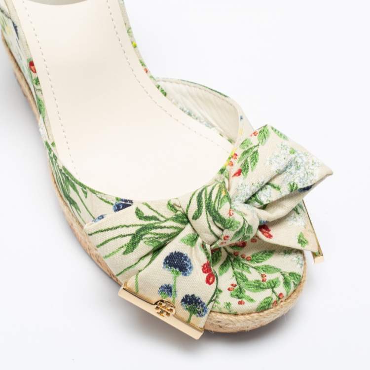 Pre Owned Tory Burch Multicolor Printed Canvas Bow Wedge Ankle-Strap Sandals Size 40.5