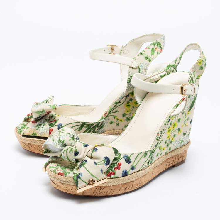 Tory Burch Multicolor Printed Canvas Bow Wedge Ankle-Strap Sandals Size   Tory Burch | TLC