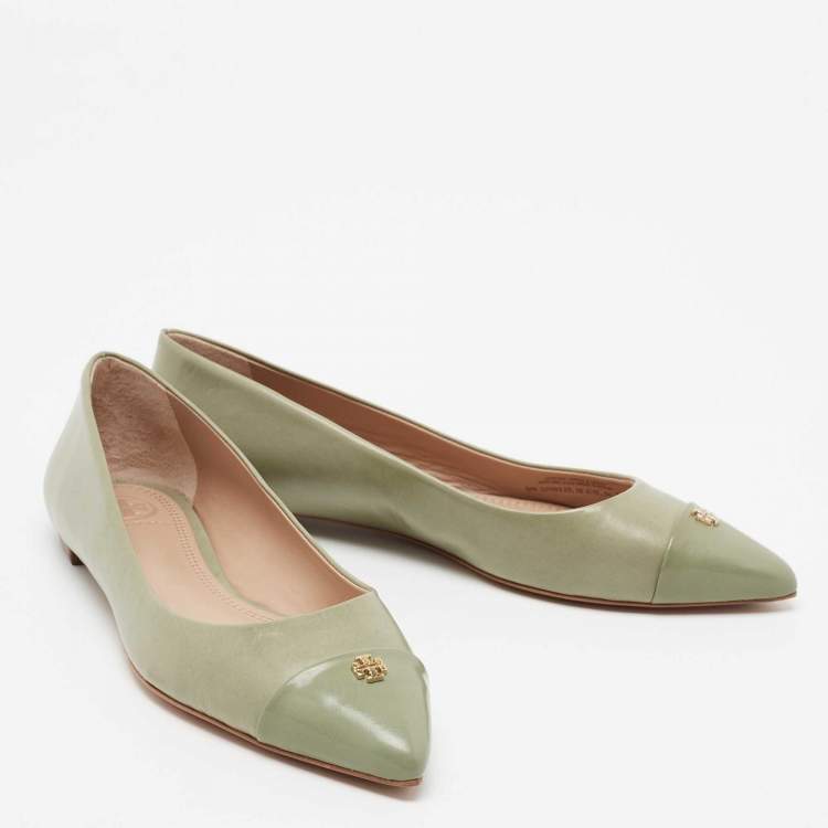 مملوكة مسبقًا Tory Burch Mint Green Leather Kent Pointed-Toe Ballet Flats Size 38.5