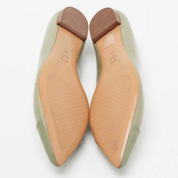 مملوكة مسبقًا Tory Burch Mint Green Leather Kent Pointed-Toe Ballet Flats Size 38.5