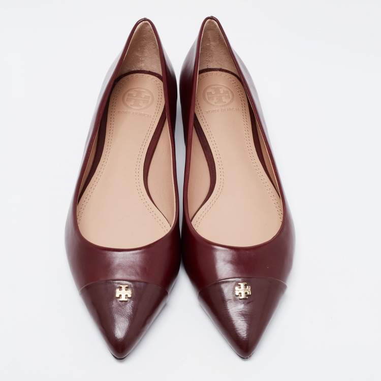 Pre Owned Tory Burch Burgundy Leather Cap Toe Reva Ballet Flats Size 38