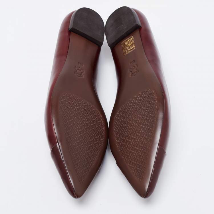 Pre Owned Tory Burch Burgundy Leather Cap Toe Reva Ballet Flats Size 38
