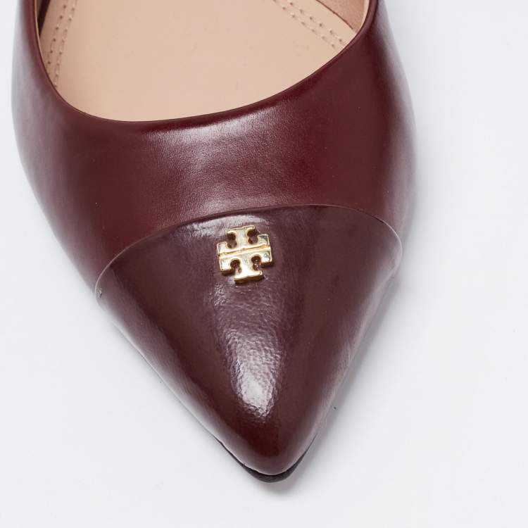 Pre Owned Tory Burch Burgundy Leather Cap Toe Reva Ballet Flats Size 38