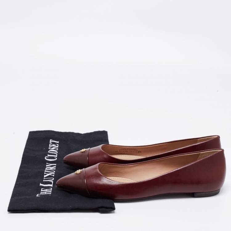 Pre Owned Tory Burch Burgundy Leather Cap Toe Reva Ballet Flats Size 38