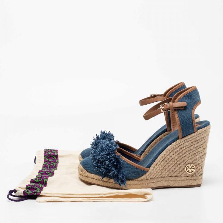 Pre Owned Tory Burch Blue Denim Shaw Espadrille Wedge Sandals Size 41.5