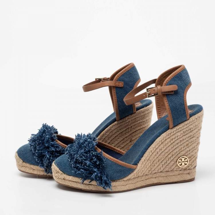 Pre Owned Tory Burch Blue Denim Shaw Espadrille Wedge Sandals Size 41.5