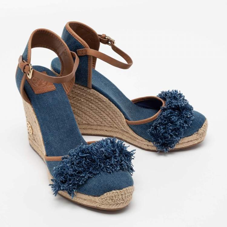 Pre Owned Tory Burch Blue Denim Shaw Espadrille Wedge Sandals Size 41.5