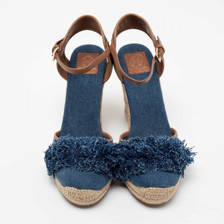 Pre Owned Tory Burch Blue Denim Shaw Espadrille Wedge Sandals Size 41.5