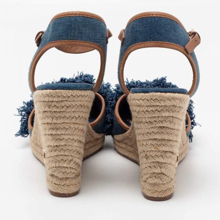 Pre Owned Tory Burch Blue Denim Shaw Espadrille Wedge Sandals Size 41.5