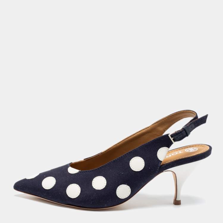 Tory Burch Navy Blue White Polka Dot Canvas and Leather Spencer Slingback Pumps Size 38.5 Tory Burch The Luxury Closet