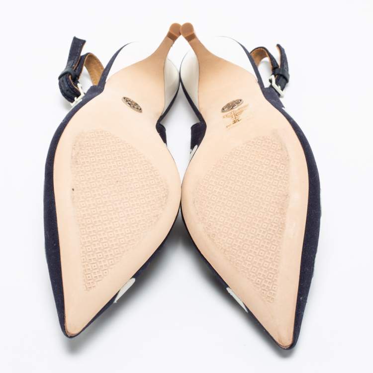 Pre Owned Tory Burch Navy Blue/White Polka Dot Canvas and Leather Spencer Slingback Pumps Size 38.5