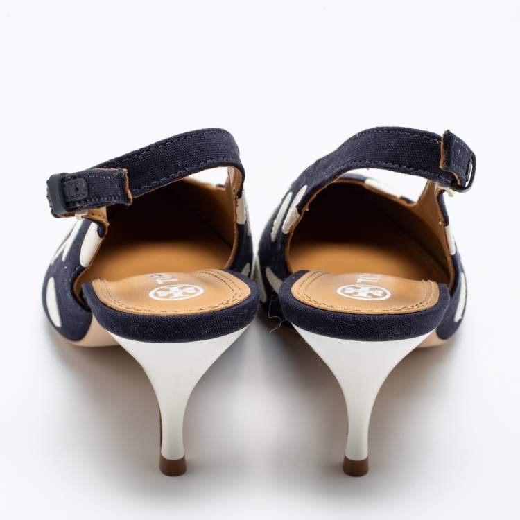 Pre Owned Tory Burch Navy Blue/White Polka Dot Canvas and Leather Spencer Slingback Pumps Size 38.5