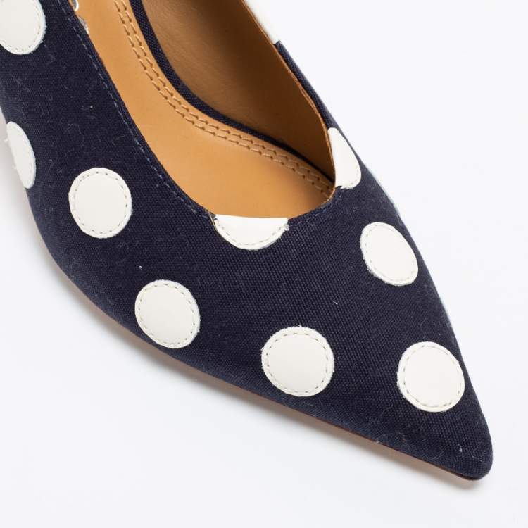 Pre Owned Tory Burch Navy Blue/White Polka Dot Canvas and Leather Spencer Slingback Pumps Size 38.5