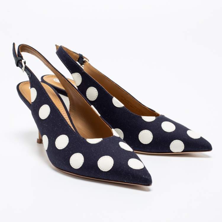 Pre Owned Tory Burch Navy Blue/White Polka Dot Canvas and Leather Spencer Slingback Pumps Size 38.5