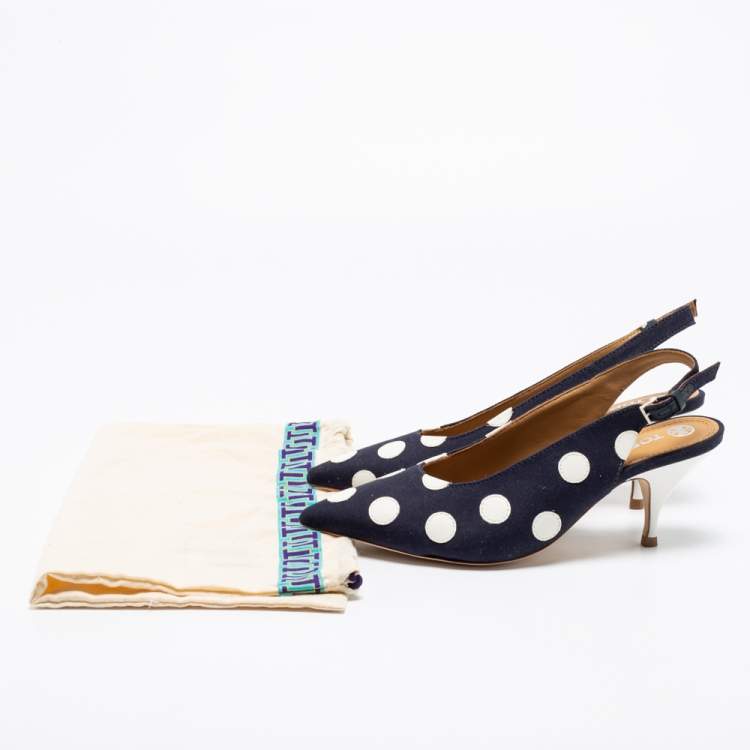 Pre Owned Tory Burch Navy Blue/White Polka Dot Canvas and Leather Spencer Slingback Pumps Size 38.5