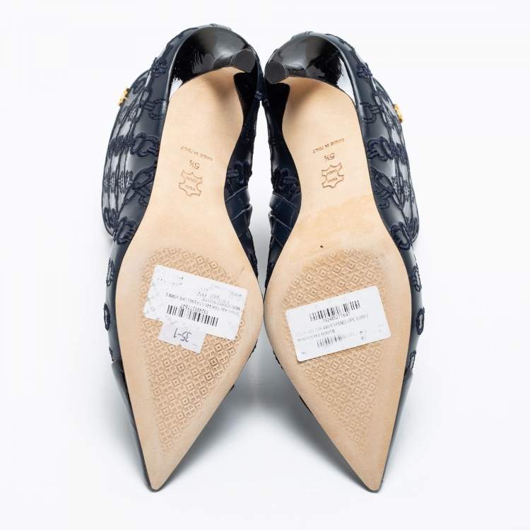 Pre Owned Tory Burch Navy Blue/Black Leather Penelope Embroidered Link Pointed Toe Ankle Boots Size 36