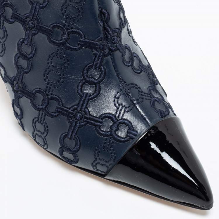 Pre Owned Tory Burch Navy Blue/Black Leather Penelope Embroidered Link Pointed Toe Ankle Boots Size 36