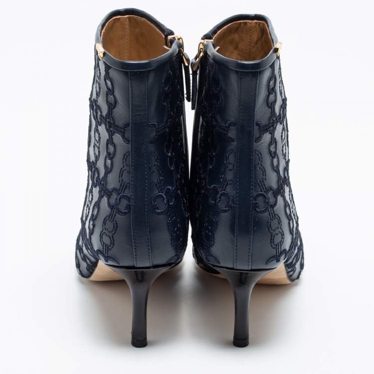 Pre Owned Tory Burch Navy Blue/Black Leather Penelope Embroidered Link Pointed Toe Ankle Boots Size 36