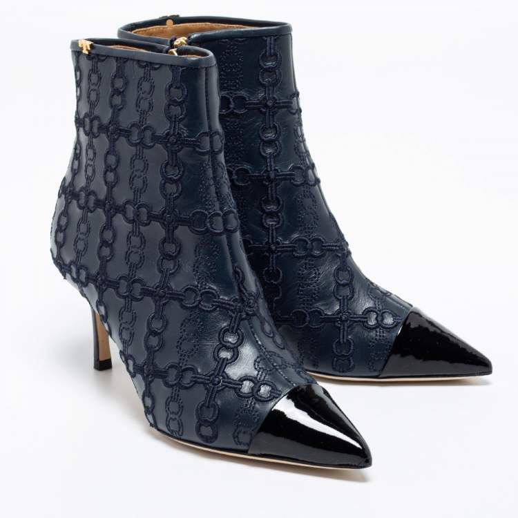 Pre Owned Tory Burch Navy Blue/Black Leather Penelope Embroidered Link Pointed Toe Ankle Boots Size 36
