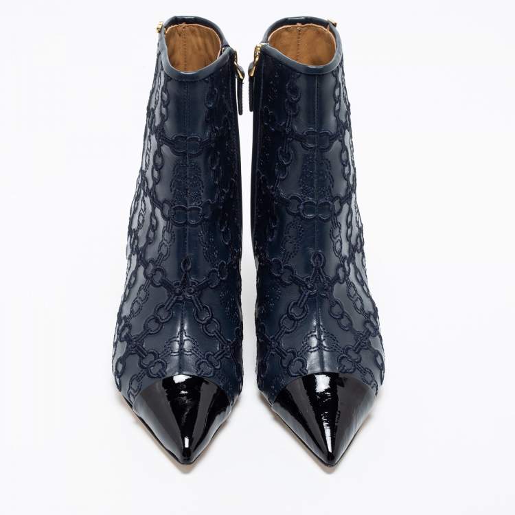 Pre Owned Tory Burch Navy Blue/Black Leather Penelope Embroidered Link Pointed Toe Ankle Boots Size 36