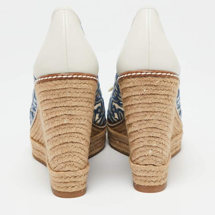 Pre Owned Tory Burch White/Blue Lace And Leather Lucia Wedge Espadrille Platform Pumps Size 38.5